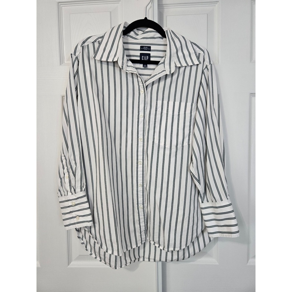 Gap Big Shirt Womens Medium Petite Green White Striped Org Cotton Button Down